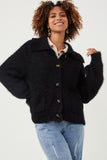 HY6085 Black Womens Fuzzy Popcorn Knit Button Up Collared Sweater Cardigan Front
