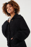 HY6085W Black Plus Fuzzy Popcorn Knit Button Up Collared Sweater Cardigan Gif