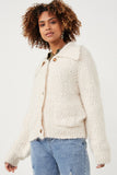 HY6085 Cream Womens Fuzzy Popcorn Knit Button Up Collared Sweater Cardigan Gif