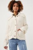 HY6085 Cream Womens Fuzzy Popcorn Knit Button Up Collared Sweater Cardigan Detail