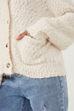 HY6085 Cream Womens Fuzzy Popcorn Knit Button Up Collared Sweater Cardigan Back