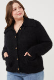 HY6085 Black Womens Fuzzy Popcorn Knit Button Up Collared Sweater Cardigan Side