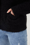 HY6085 Black Womens Fuzzy Popcorn Knit Button Up Collared Sweater Cardigan Back