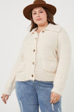HY6085W Black Plus Fuzzy Popcorn Knit Button Up Collared Sweater Cardigan Full Body