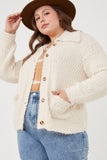 HY6085 Cream Womens Fuzzy Popcorn Knit Button Up Collared Sweater Cardigan Alternate Angle