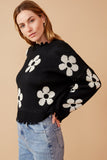 HY6090 Olive Womens Disteressed Floral Patterned Pullover Sweater Detail