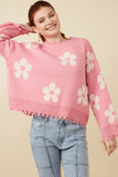 HY6090W Pink Plus Distressed Floral Patterned Pullover Sweater Front