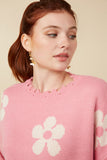 HY6090 Pink Mix Womens Distressed Floral Patterned Pullover Sweater Gif