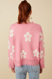 HY6090 Pink Mix Womens Distressed Floral Patterned Pullover Sweater Full Body