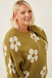 HY6090W Olive Plus Distressed Floral Patterned Pullover Sweater Front