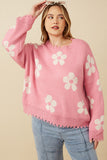 HY6090 Pink Mix Womens Distressed Floral Patterned Pullover Sweater Front