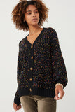 HY6099W Black Mix Plus Confetti Popcorn Knit Buttoned Sweater Cardigan Full Body