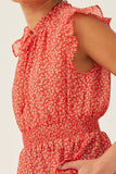 HY6105 Red Womens Ditsy Floral Smocked Tie Neck Tank Detail