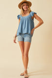 HY6110W LIGHT DENIM Plus Tencel Square Neck Ruffle Cap sleeve Top Front