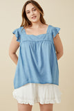 Tencel Square Neck Ruffle Cap Sleeve Top