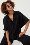 HY6126 Black Womens Button Up Collared Dolman Shirt Pose