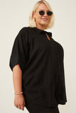 HY6126W Black Plus Button Up Collared Dolman Shirt Front