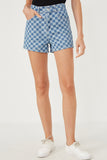 HY6140W Denim Plus Checker Denim Shorts Full Body