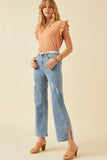 HY6153W Light Denim Plus Side Slit Distressed Bootcut Stretch Denim Full Body