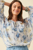 HY6162W Blue Plus Dolman Sleeve Tie Front Floral Chiffon Top Front