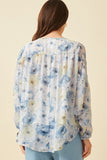 HY6162W Blue Plus Dolman Sleeve Tie Front Floral Chiffon Top Back