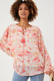 HY6162 Pink Womens Dolman Sleeve Tie Front Floral Chiffon Top Front