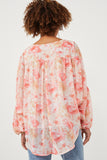 HY6162W Pink Plus Dolman Sleeve Tie Front Floral Chiffon Top Side