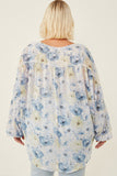 HY6162 Blue Womens Dolman Sleeve Tie Front Floral Chiffon Top Full Body