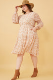 HY6168W Taupe Plus Floral Print Smocked Sleeve Midi Dress Detail