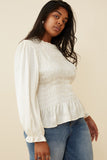 HY6182W Ivory Womens Ruffle Neck Gathered And Smocked Top Full Body