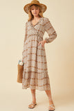 HY6195 Taupe Womens Printed Long Sleeve Ruffled Surplice Dress Full Body