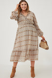 HY6195W Taupe Plus Printed Long Sleeve Ruffled Surplice Dress Full Body