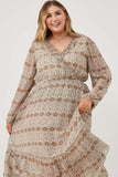 HY6195W Taupe Plus Printed Long Sleeve Ruffled Surplice Dress Full Body