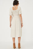 HY6205 Oatmeal Womens Linen Blend Peasant Smocked Square Neck Dress Side