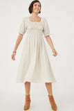 HY6205 Oatmeal Womens Linen Blend Peasant Smocked Square Neck Dress Back