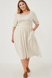 HY6205 Oatmeal Womens Linen Blend Peasant Smocked Square Neck Dress Editorial