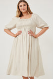 HY6205 Oatmeal Womens Linen Blend Peasant Smocked Square Neck Dress Full Body