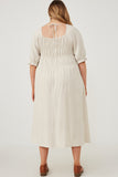 HY6205W Oatmeal Plus Linen Blend Peasant Smocked Square Neck Dress Gif