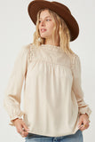 HY6218 Beige Womens Ruffle Lined Smocked Yolk Long Sleeve Top Front