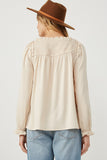 HY6218W Beige Womens Ruffle Lined Smocked Yolk Long Sleeve Top Side