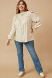 HY6218W Beige Womens Ruffle Lined Smocked Yolk Long Sleeve Top Front