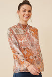 HY6243 Ivory Mix Womens Paisley Print Smock Detail Chiffon Top Front