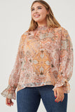 HY6243W Ivory Plus Paisley Print Smock Detail Chiffon Top Front