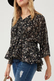 HY6262 Black Womens Floral V Neck Chiffon Peplum Top Front