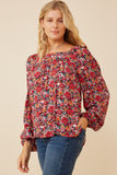 HY6267 Cherry Womens Floral Print Ruffle Shoulder Long Sleeve Textured Top Front
