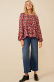 HY6267 Cherry Womens Floral Print Ruffle Shoulder Long Sleeve Textured Top Full Body