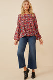 HY6267 Cherry Womens Floral Print Ruffle Shoulder Long Sleeve Textured Top Full Body 2