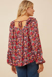 HY6267 Cherry Womens Floral Print Ruffle Shoulder Long Sleeve Textured Top Back