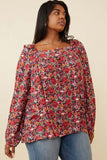 HY6267W Cherry Plus Floral Print Ruffle Shoulder Long Sleeve Textured Top Front