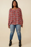HY6267W Cherry Plus Floral Print Ruffle Shoulder Long Sleeve Textured Top Front